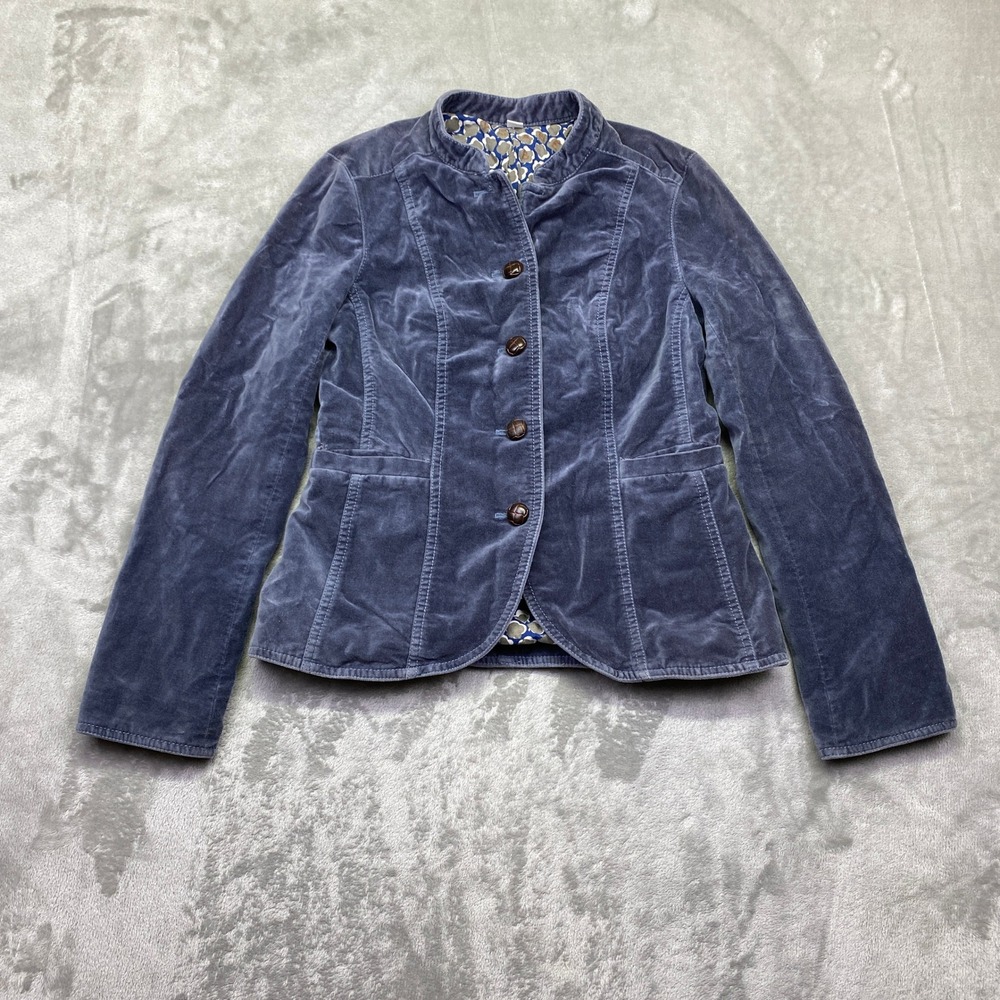 Boden Blue Velvet Blazer Jacket Stand Collar Button Front Lined Size US 2